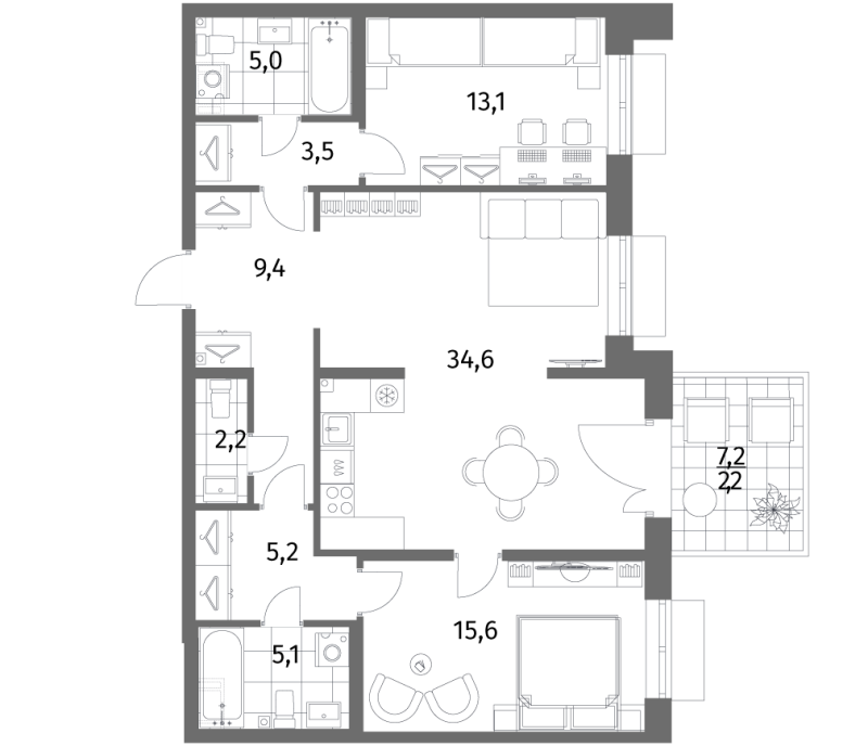 3 ккв (Евро) 95,9 м²