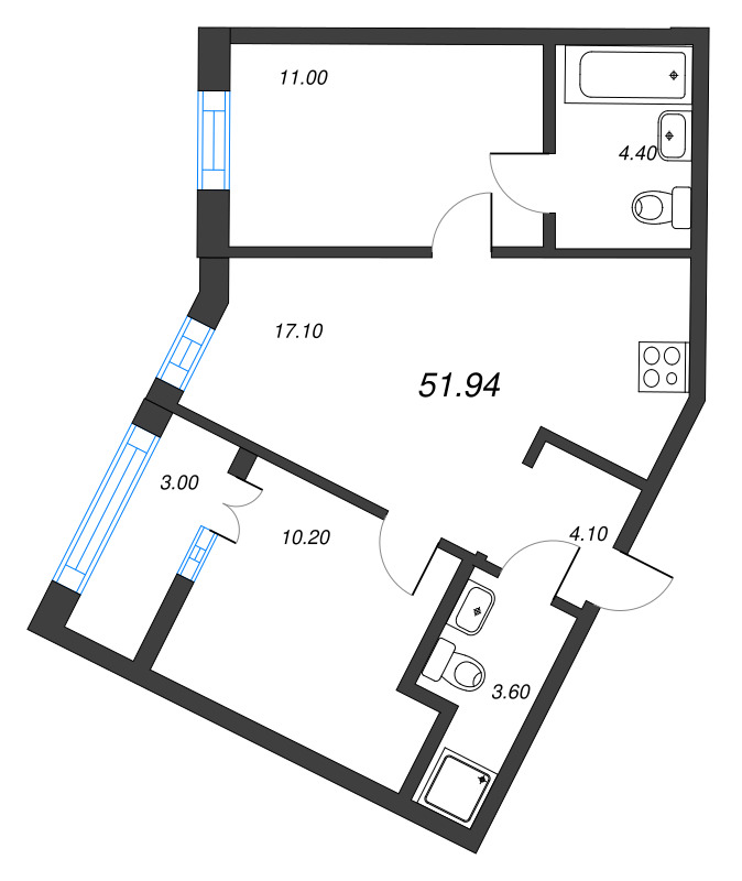 3 ккв (Евро) 51,9 м²