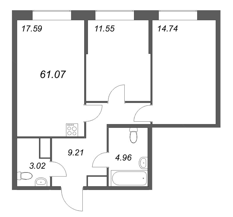 3 ккв (Евро) 61,1 м²