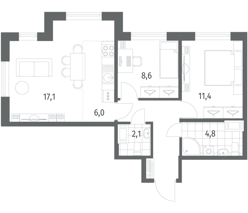 3 ккв (Евро) 57,4 м²