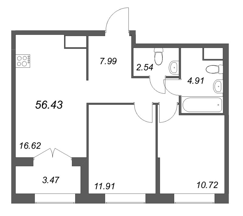 3 ккв (Евро) 56,4 м²