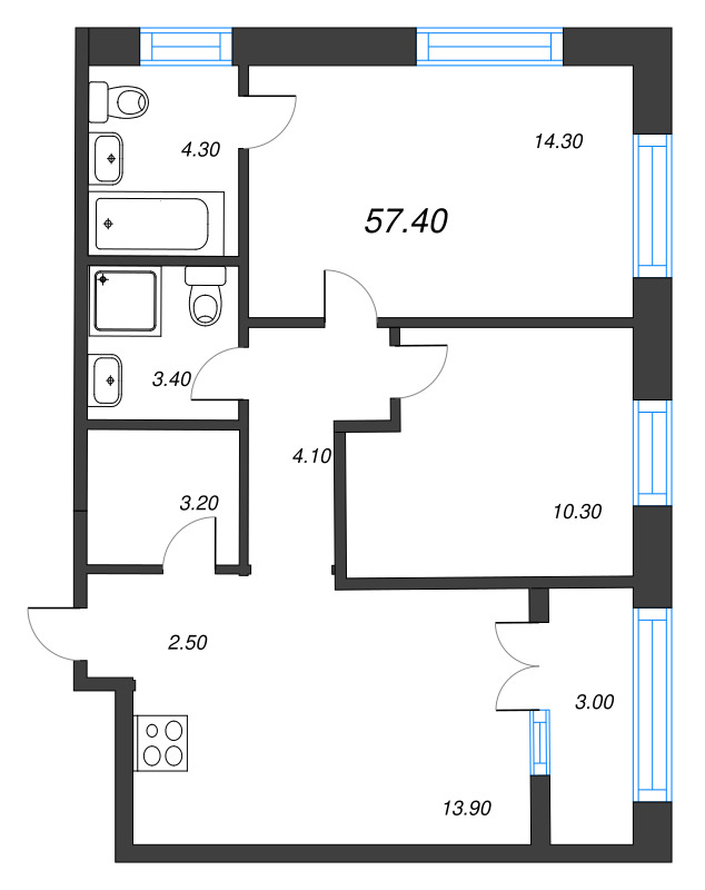 2 ккв 57,4 м²