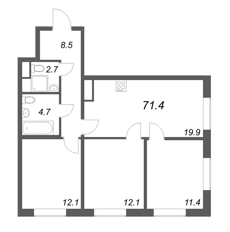 4 ккв (Евро) 71,4 м²