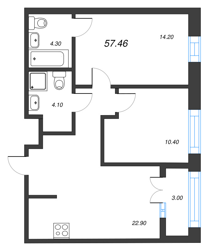 3 ккв (Евро) 57,5 м²
