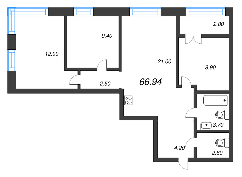 4 ккв (Евро) 66,9 м²