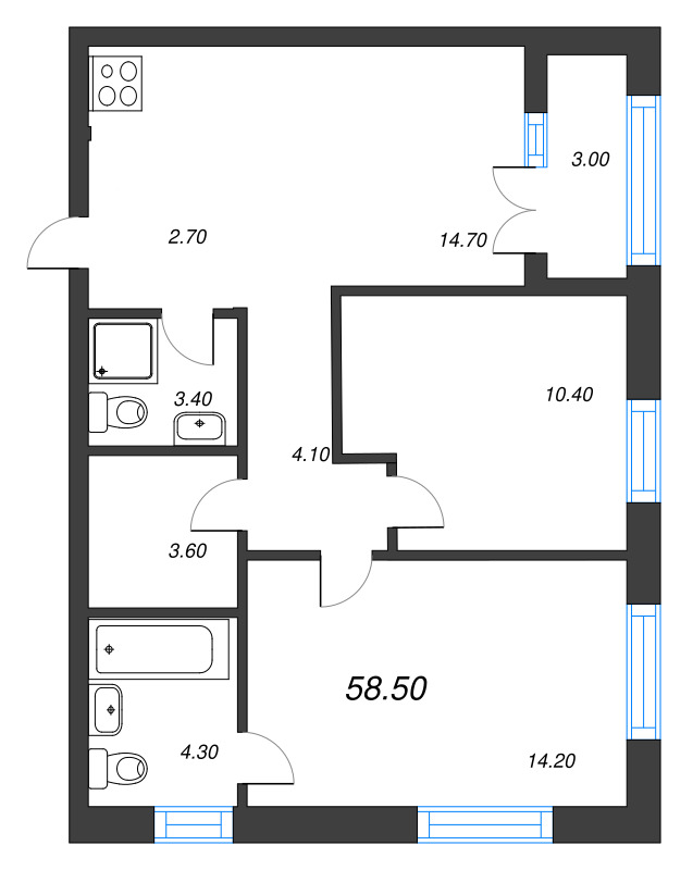 2 ккв 58,5 м²