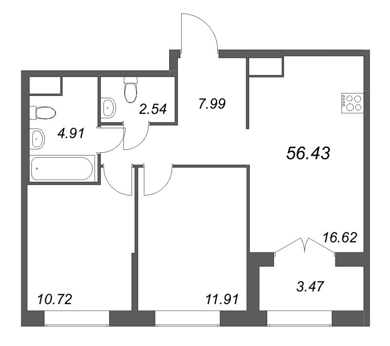 3 ккв (Евро) 56,4 м²