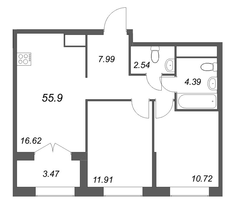 3 ккв (Евро) 55,9 м²