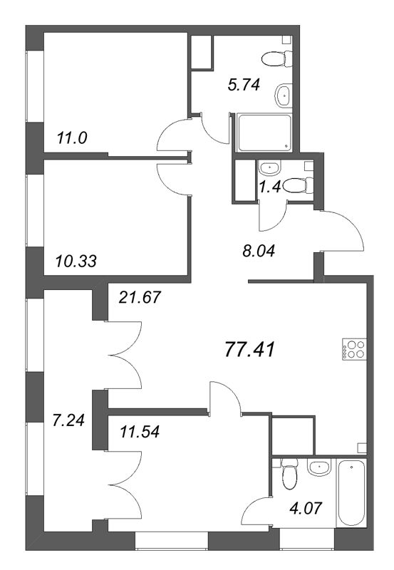 4 ккв (Евро) 77,4 м²
