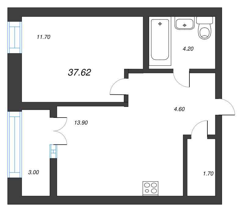 1 ккв 37,6 м²