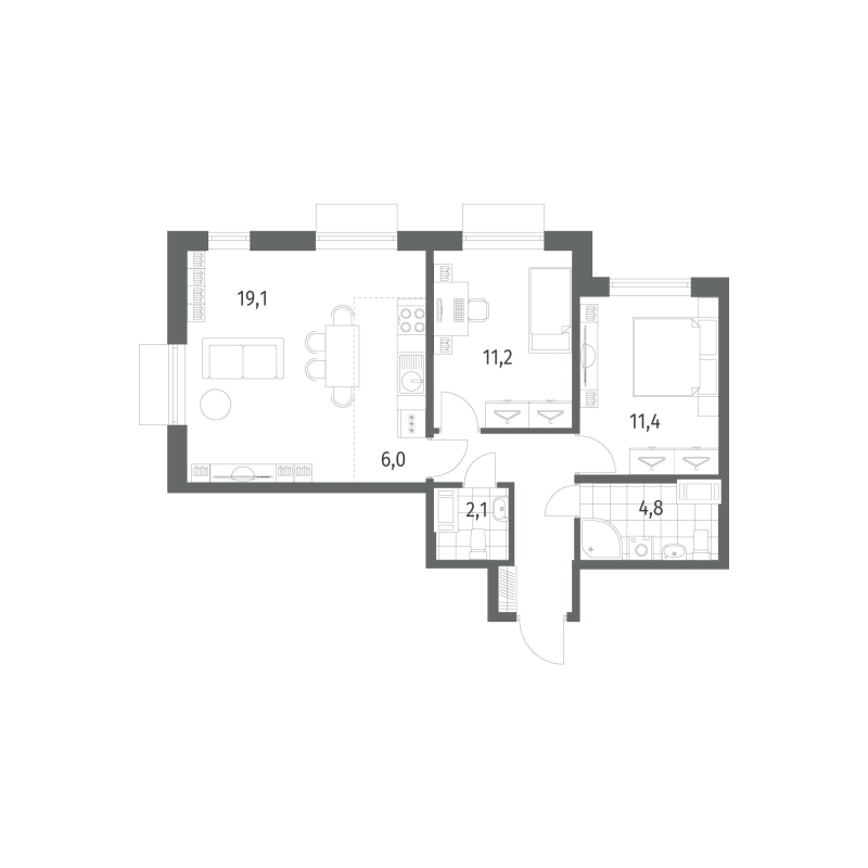 3 ккв (Евро) 64,9 м²