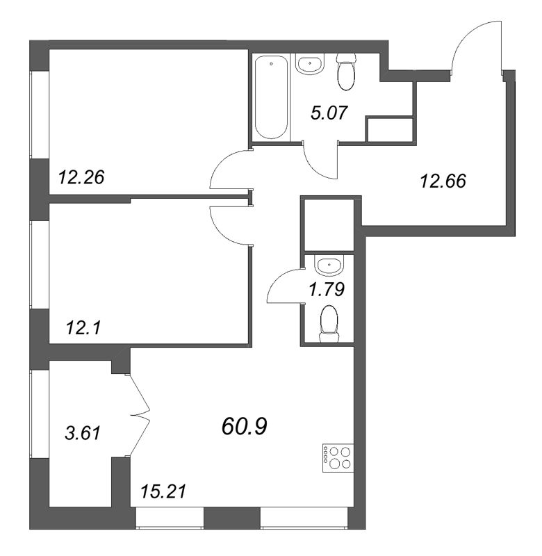 3 ккв (Евро) 60,9 м²