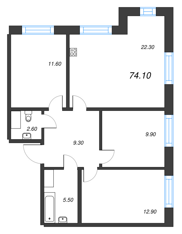 4 ккв (Евро) 74,1 м²