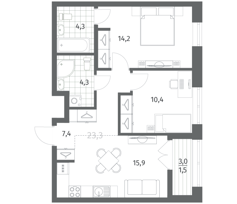 3 ккв (Евро) 58 м²