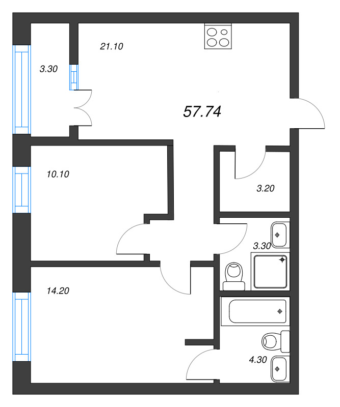 3 ккв (Евро) 57,7 м²