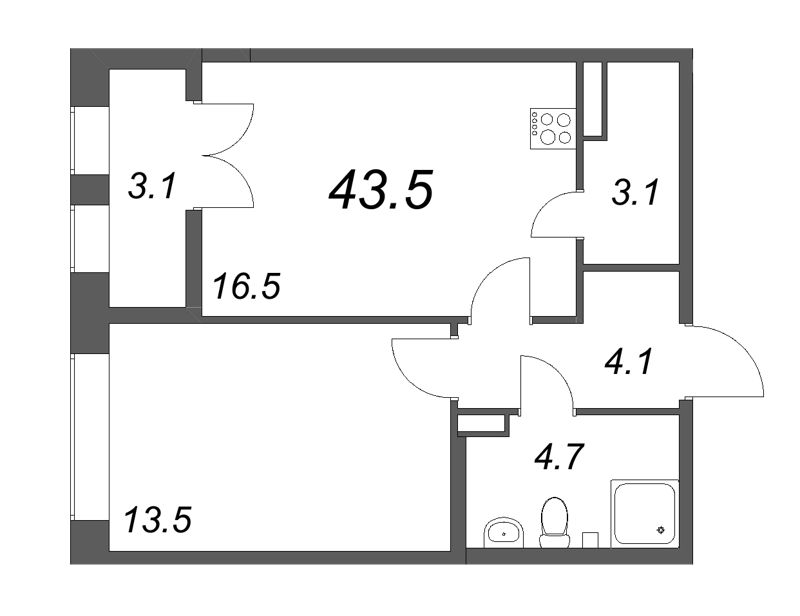 2 ккв (Евро) 43,4 м²