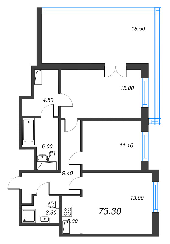 3 ккв (Евро) 73,3 м²