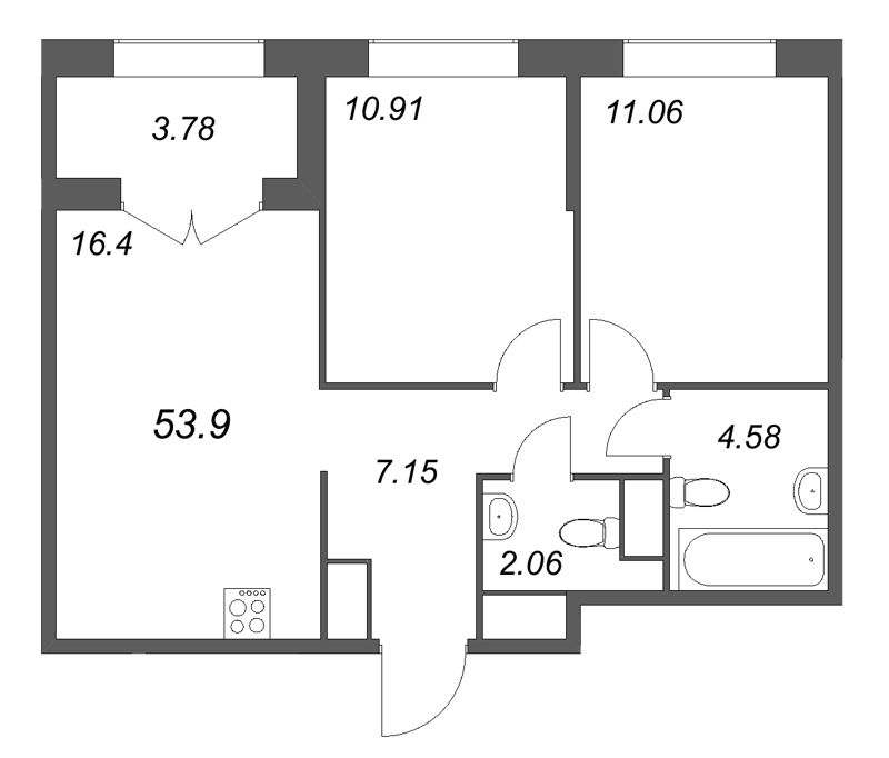 3 ккв (Евро) 53,9 м²