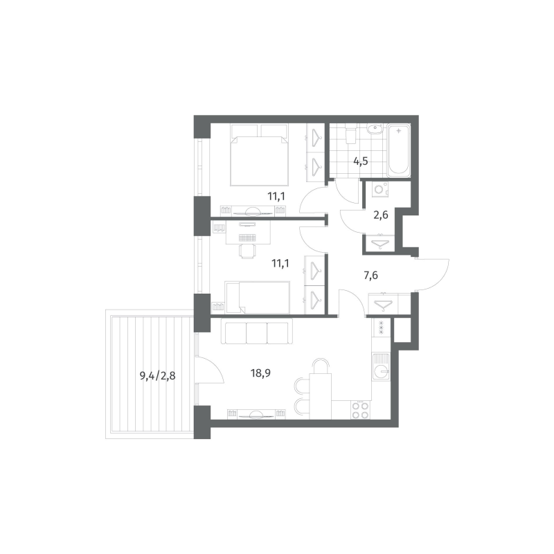 3 ккв (Евро) 58,6 м²