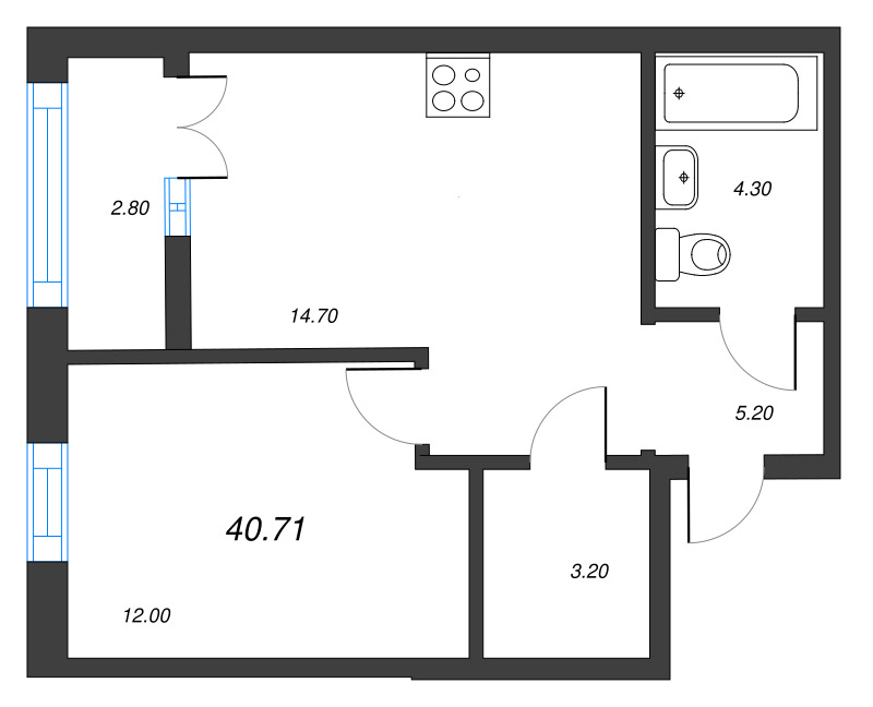 1 ккв 40,7 м²