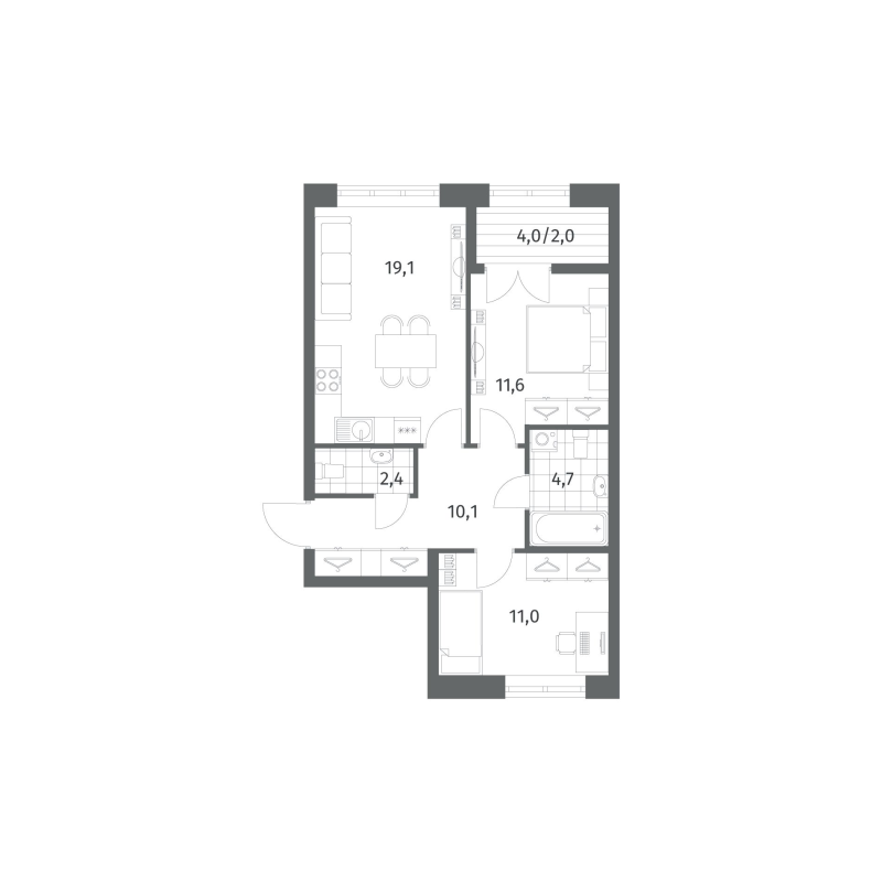 3 ккв (Евро) 60,9 м²