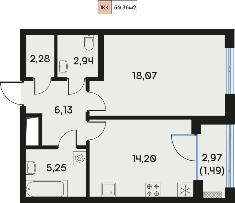 1 ккв 50,5 м²