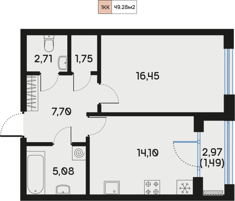 1 ккв 49,4 м²
