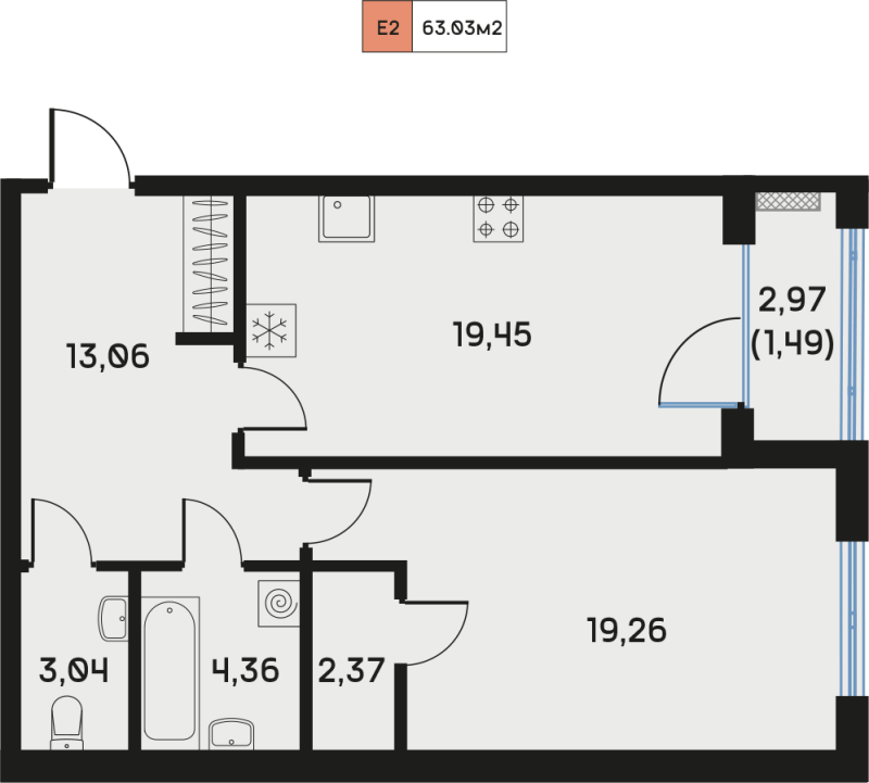 2 ккв (Евро) 63,2 м²