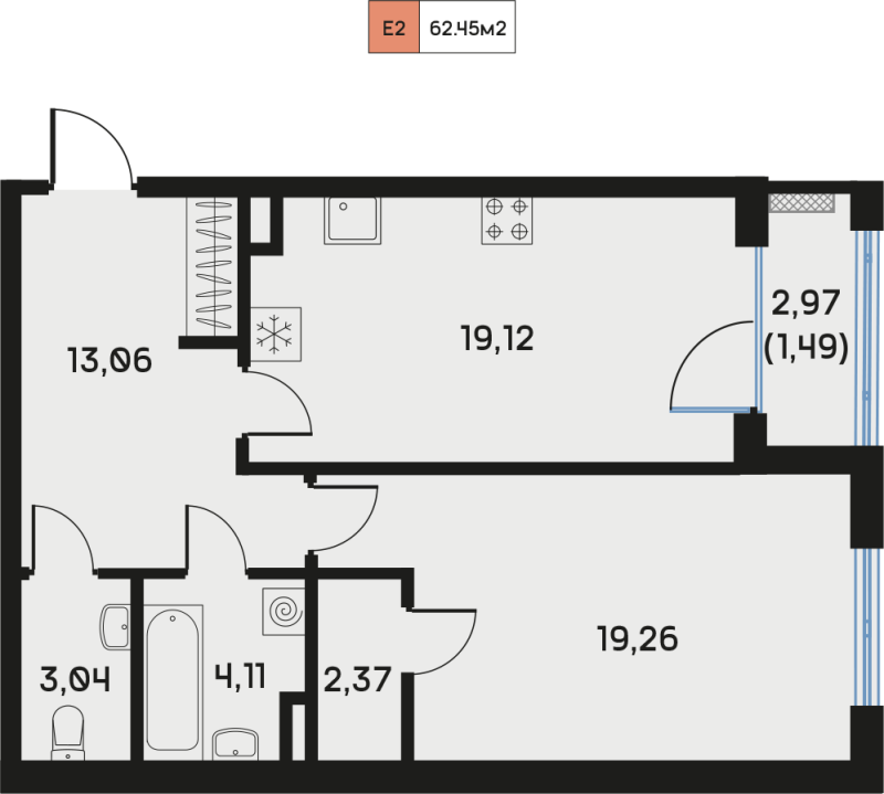 2 ккв (Евро) 62,6 м²