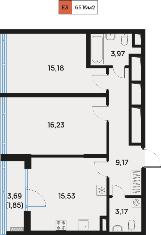 3 ккв (Евро) 65,7 м²
