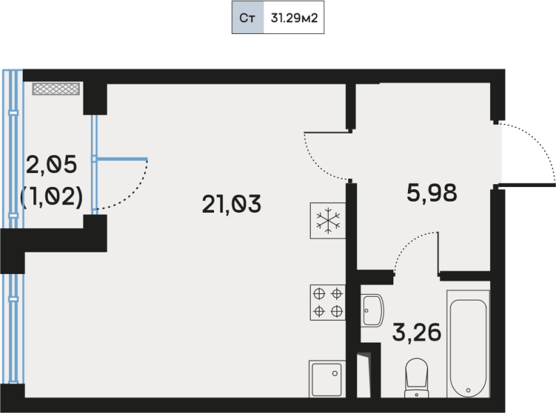 Студия 31,6 м²