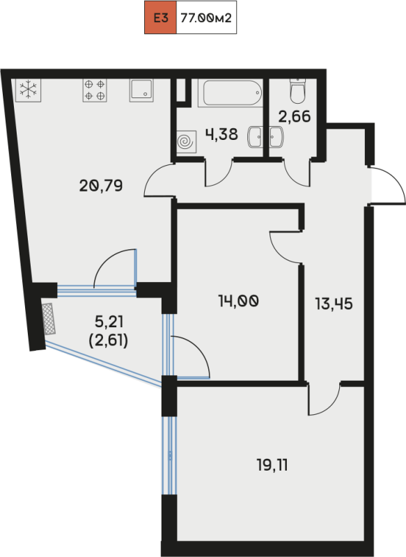 3 ккв (Евро) 77,6 м²