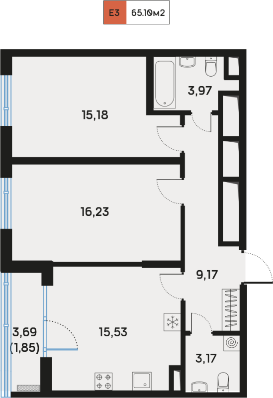 3 ккв (Евро) 65,7 м²