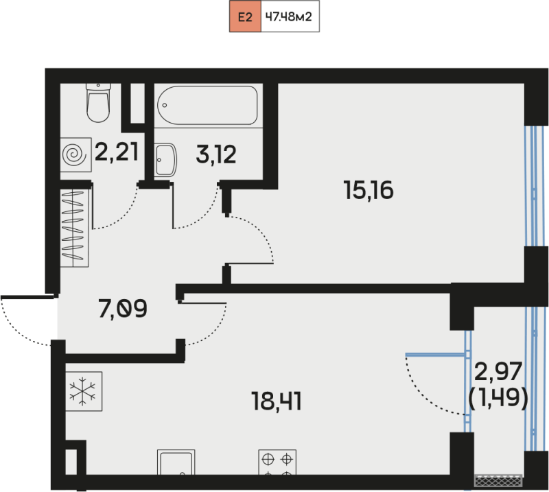 2 ккв (Евро) 47,6 м²