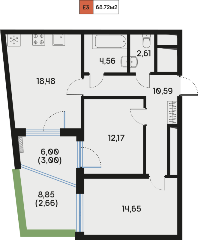 3 ккв (Евро) 68,7 м²