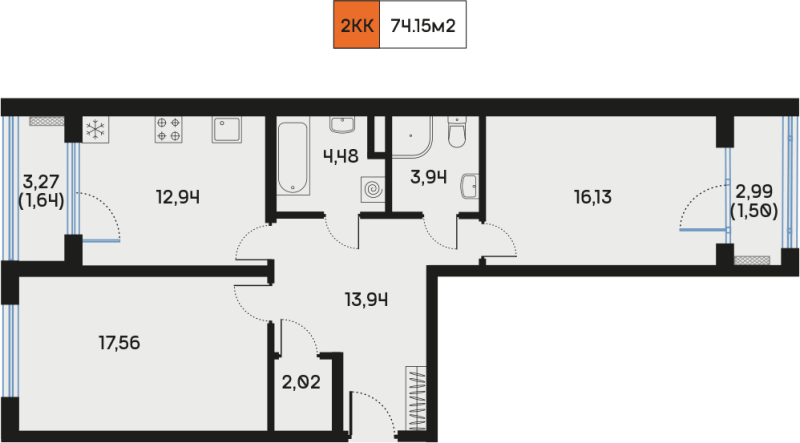 2 ккв 74,3 м²