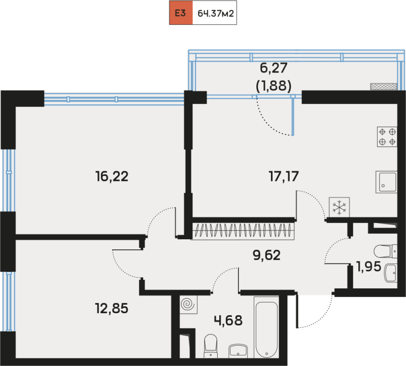 3 ккв (Евро) 65,1 м²