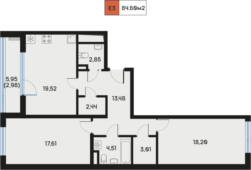 3 ккв (Евро) 84,9 м²
