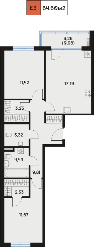 3 ккв (Евро) 65,2 м²