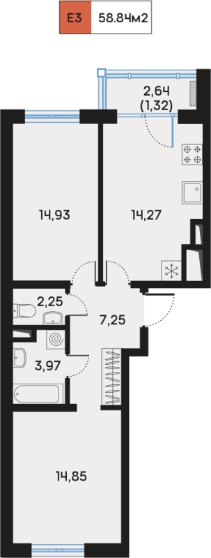 2 ккв 59,4 м²