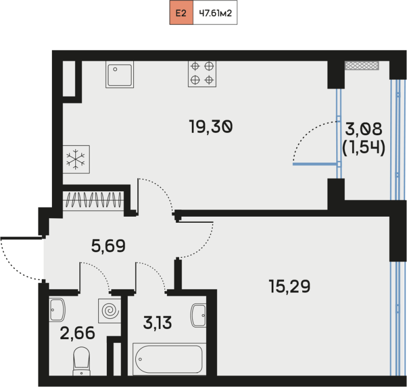 2 ккв (Евро) 47,7 м²
