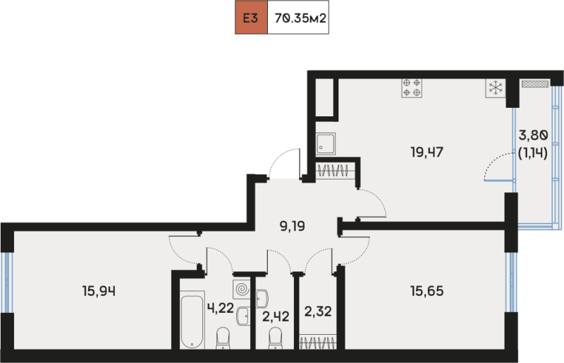 3 ккв (Евро) 70,8 м²