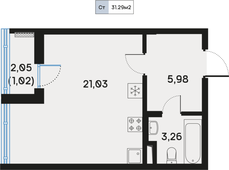 Студия 31,7 м²