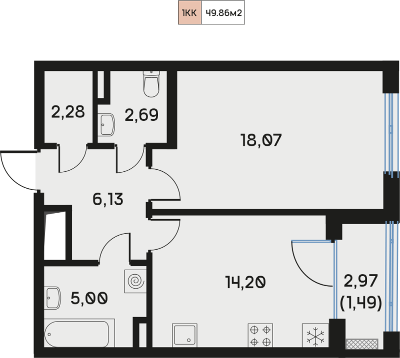 1 ккв 49,9 м²