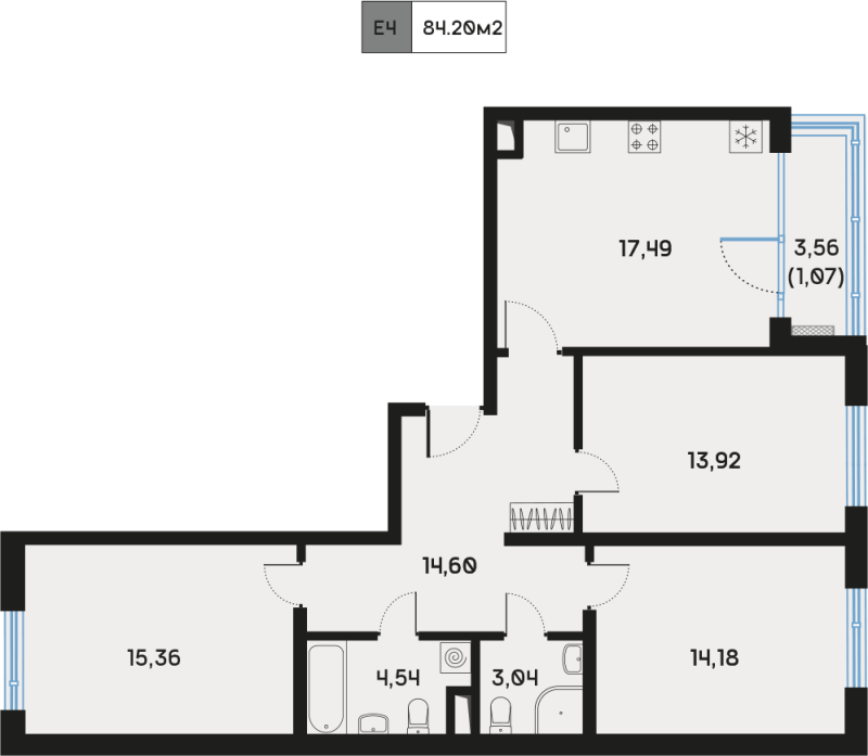 4 ккв (Евро) 84,7 м²