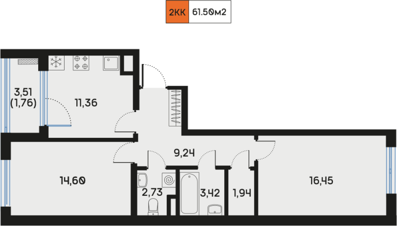 2 ккв 61,6 м²