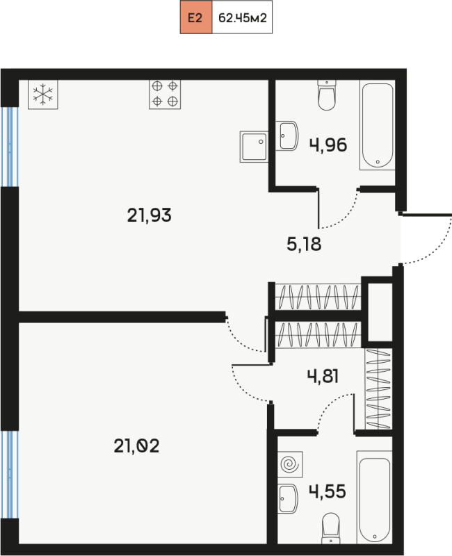 2 ккв (Евро) 62,4 м²