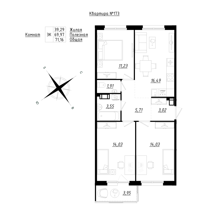 4 ккв (Евро) 71,2 м²