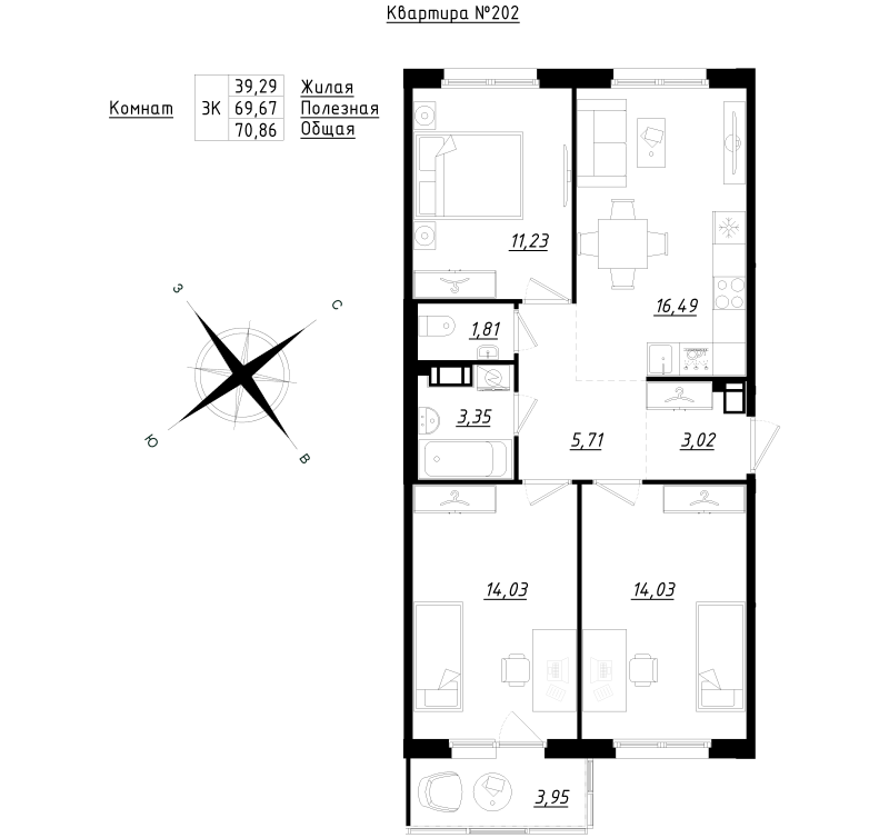 4 ккв (Евро) 70,9 м²