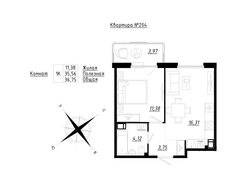 2 ккв (Евро) 36,8 м²